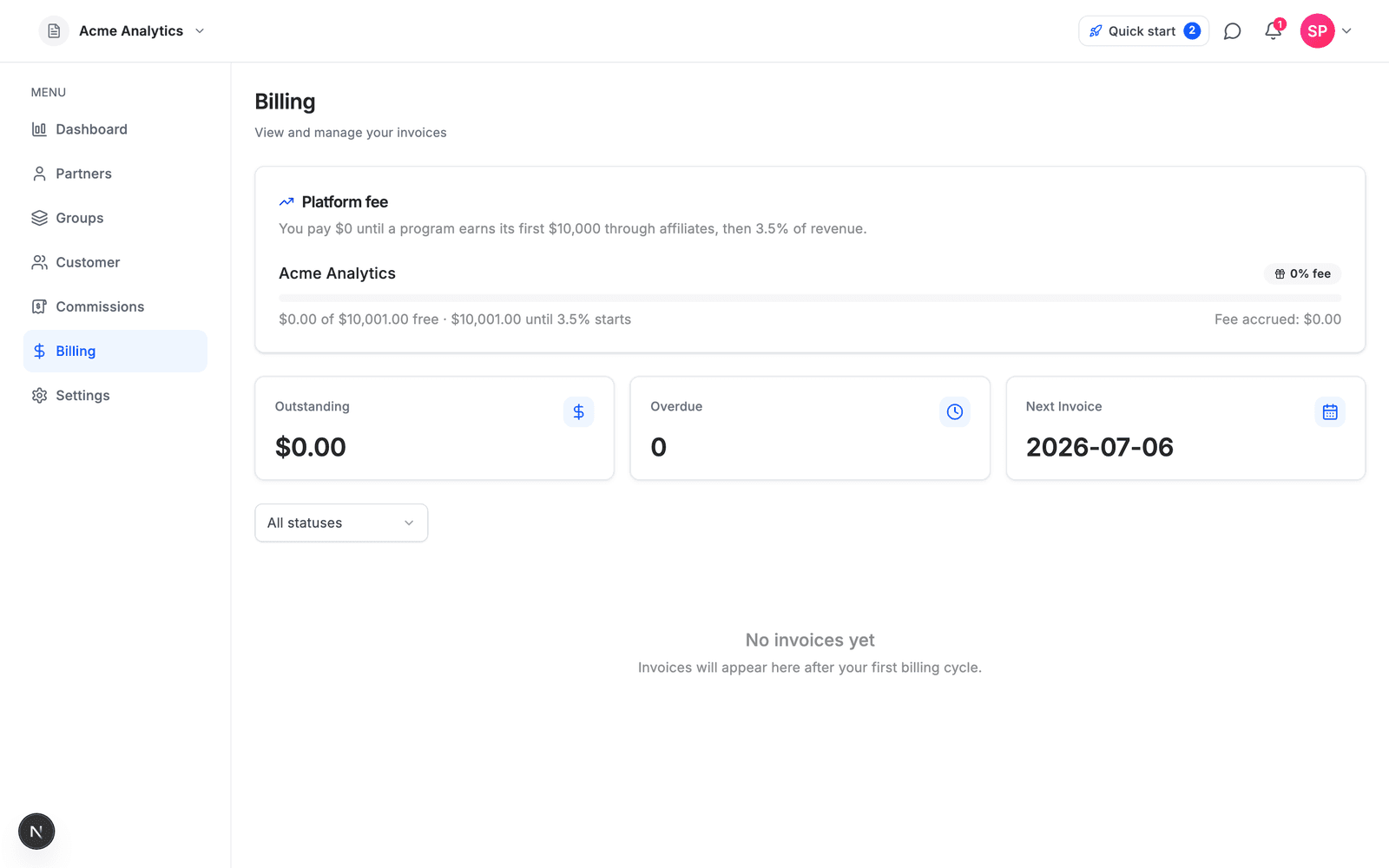 Affitor’s billing view — $0 platform fee until your first $10,000 in affiliate revenue